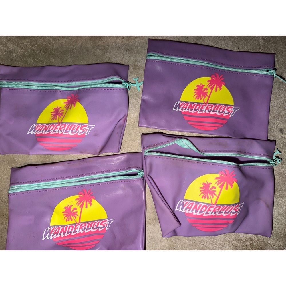 Ipsy Wanderlust Purple Retro Cosmetic Bag Set of 4 Airplane Zipper Pull Travel
